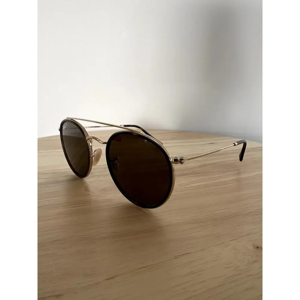 Ray-Ban Round Double Bridge Polarized Brown Sunglasses Gold Frame RB3647N 51mm